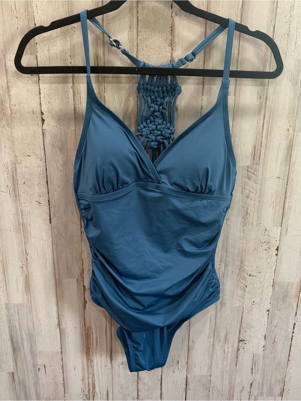 FIRPEARL One-Piece Ruched Macrame Back Blue Green Swimsuit 6 Beach Resort Vacay
